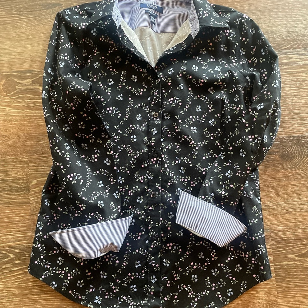 Chaps Black Floral Button-Down Shirt with Pink & White Accents